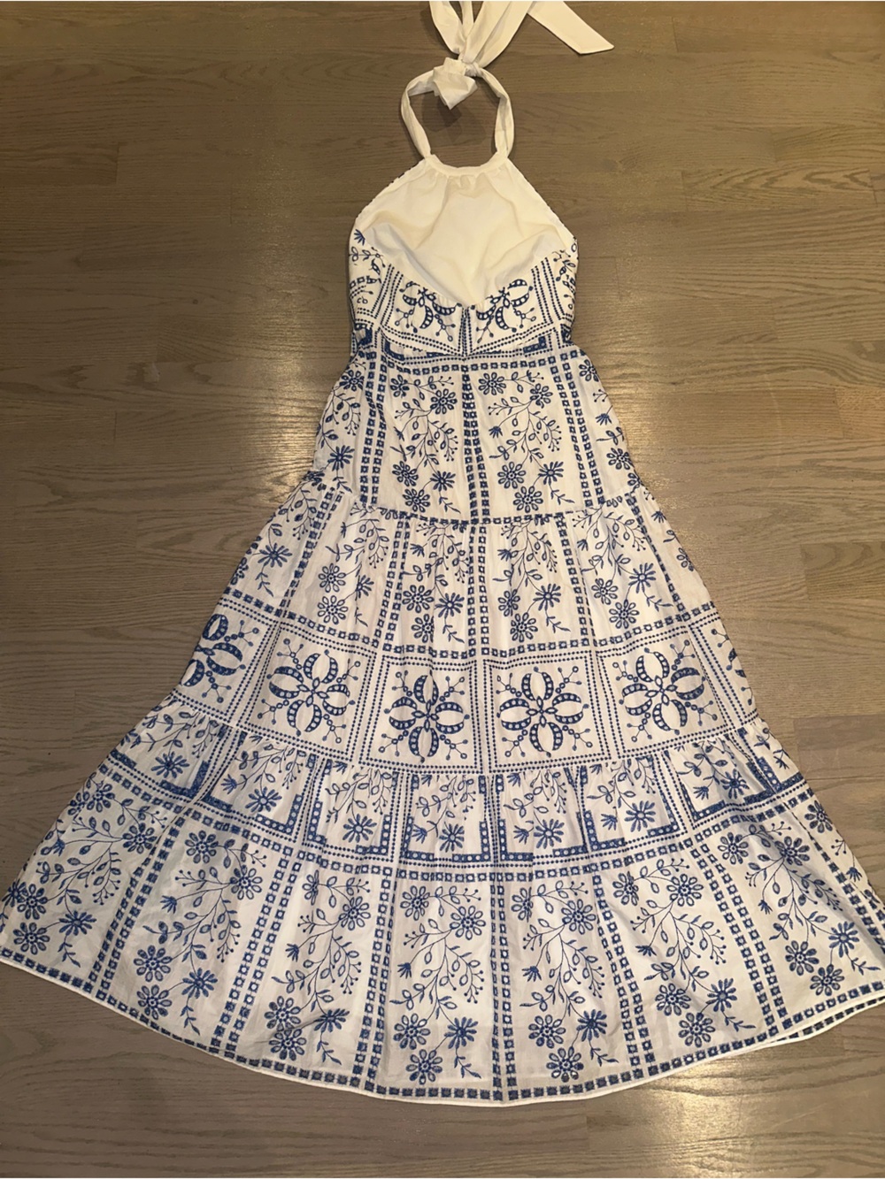 Milly White and Blue Halter Maxi Dress with Floral Tile Print - Picture 7 of 9